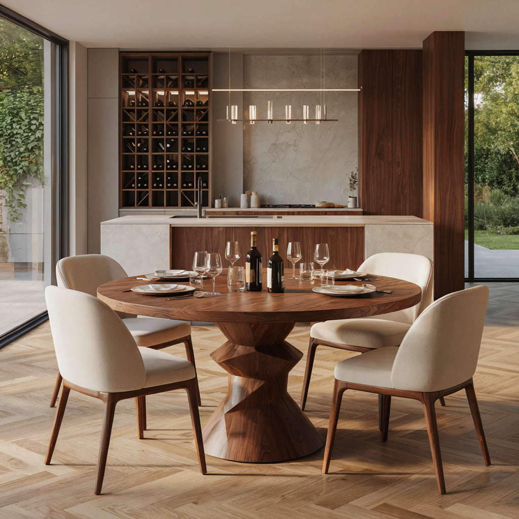Sculpturale ronde massief houten eettafel met zuilvoet in een moderne eetkamer