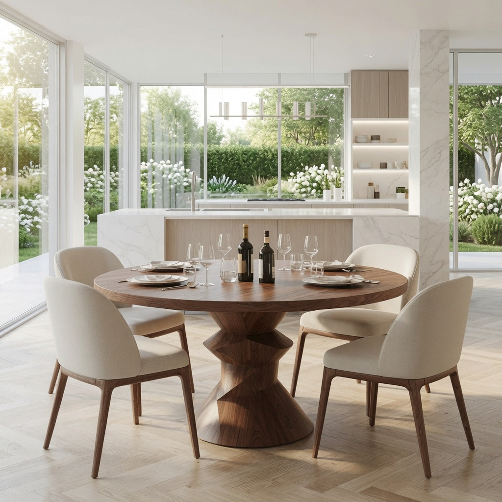 Natuurlijke hardhouten ronde eettafel in een minimalistische eethoek