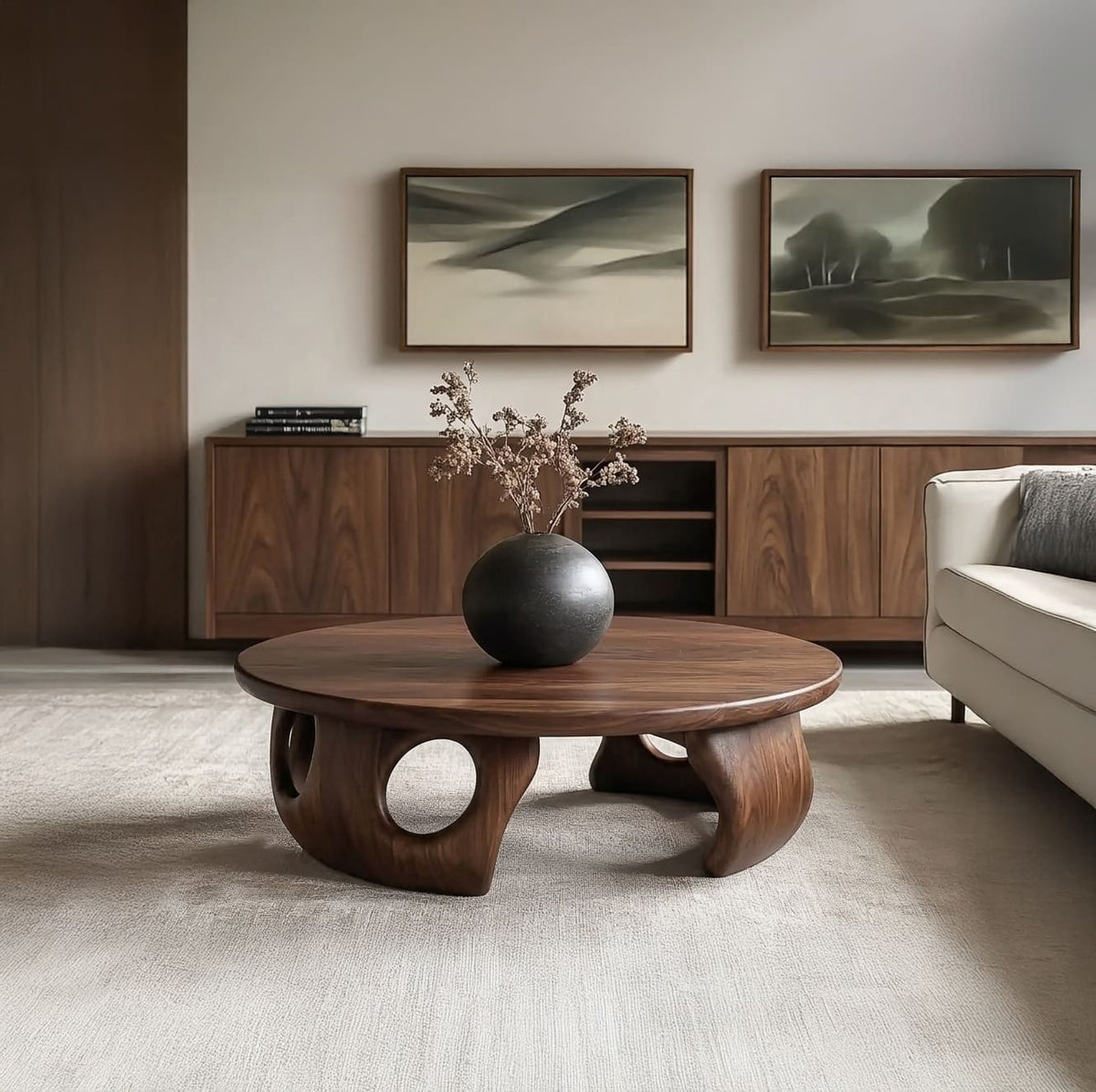 Massief houten Japandi salontafel als middelpunt in een minimalistische woonkamer