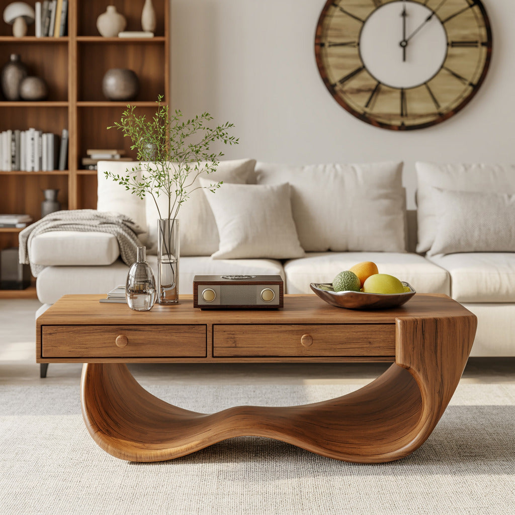 Sculpturale massief houten salontafel in een warme woonkamer