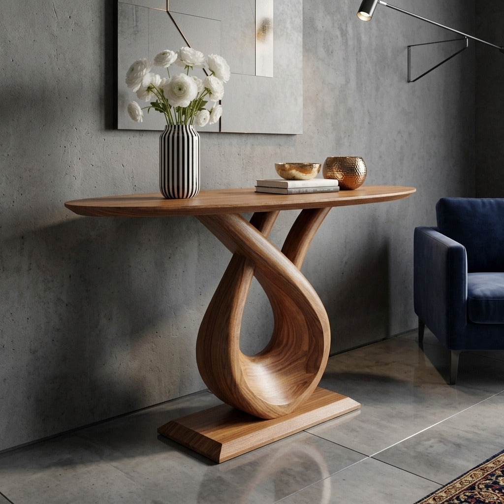 Sculpturale massief houten consoletafel in een moderne hal