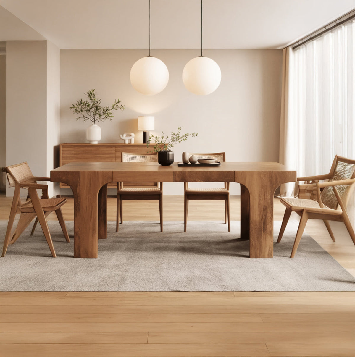 Sculpturale massief houten eethoek in modern Japandi design