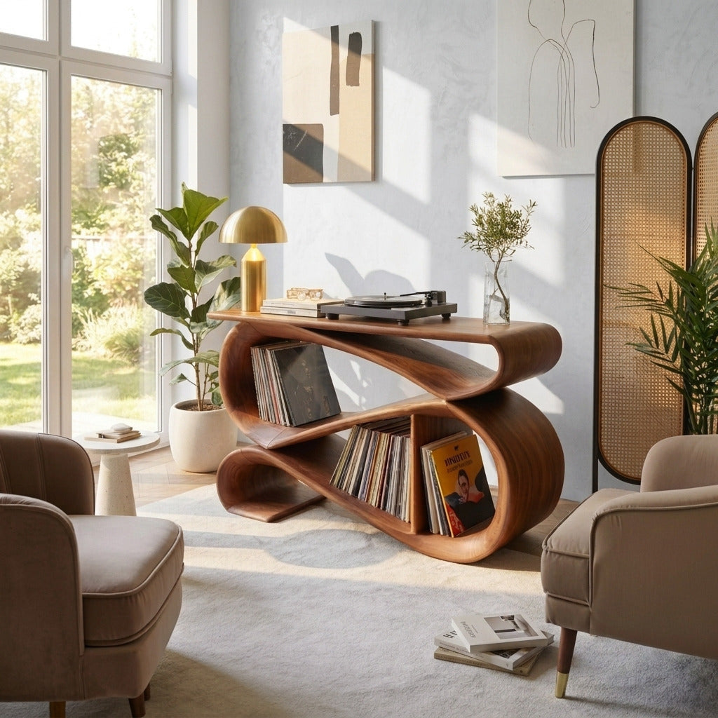 Sculpturale massief houten infinity audioconsole in modern interieur