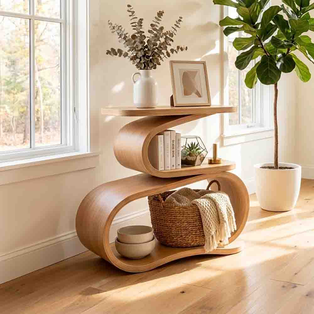 Sculpturale S-boog accenttafel van massief hout