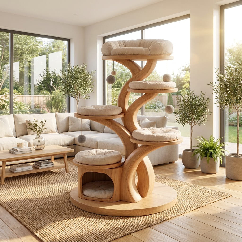 Sculpturale krabpaal toren met meerdere niveaus van massief hout