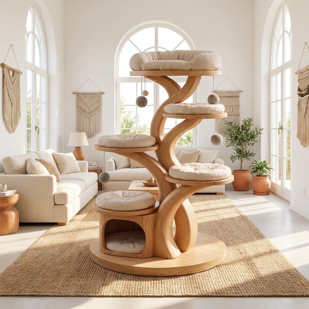 Massief houten boomkrabpaal in een moderne woonkamer