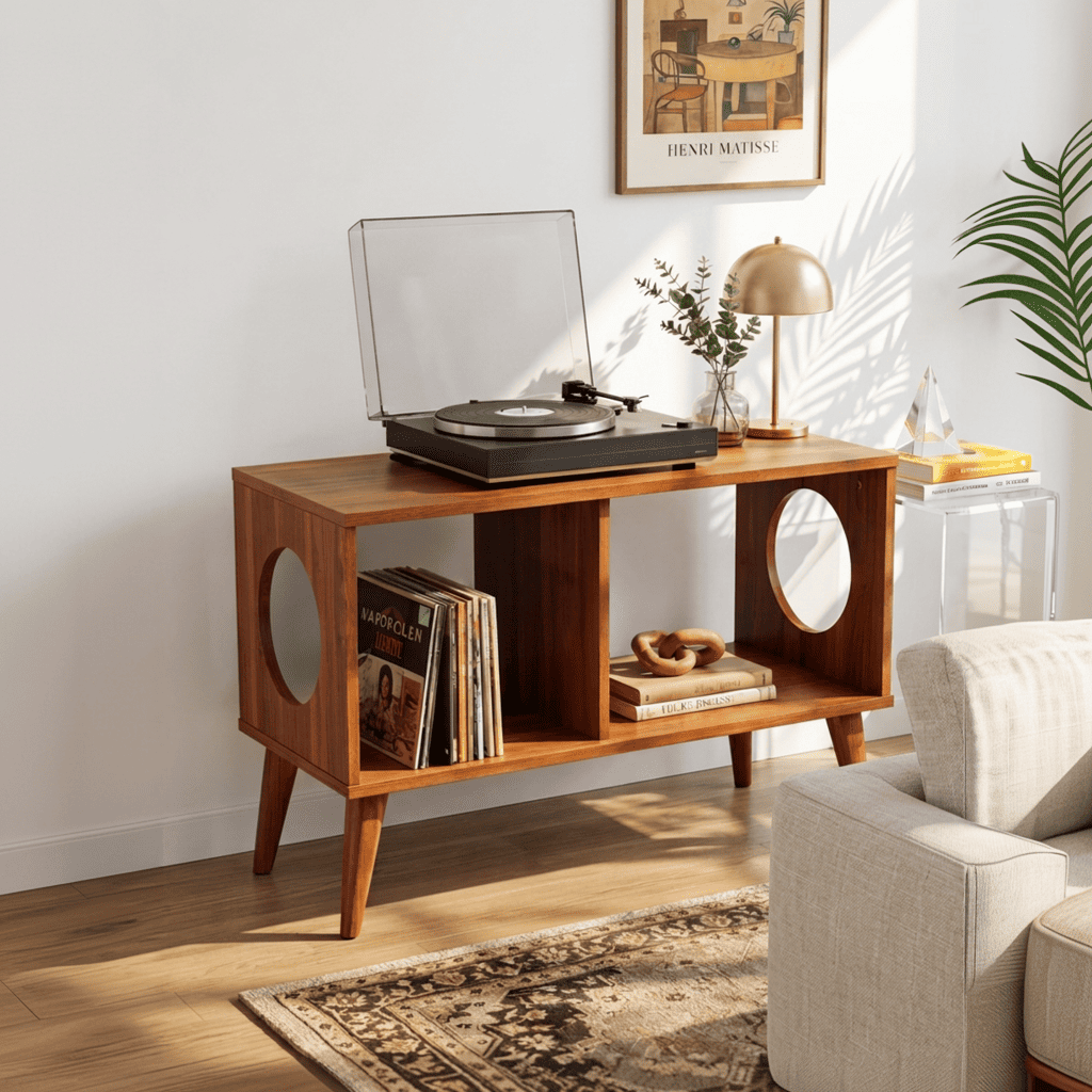 Mid-century houten platenspeler meubel vervaardigd uit massief hout