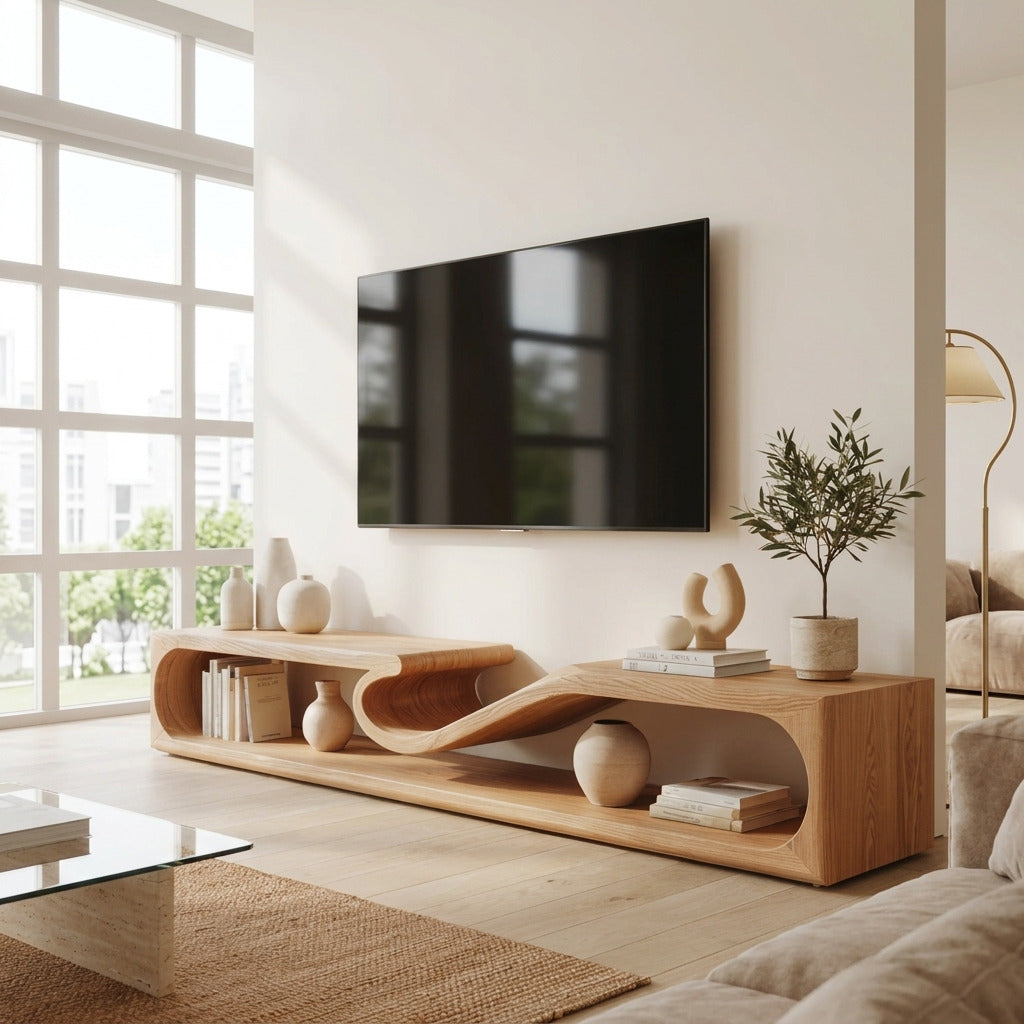 Sculpturaal houten tv-meubel vervaardigd uit massief hout
