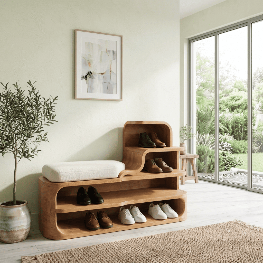 Sculpturale getrapte halbank van massief hout voor schoenen