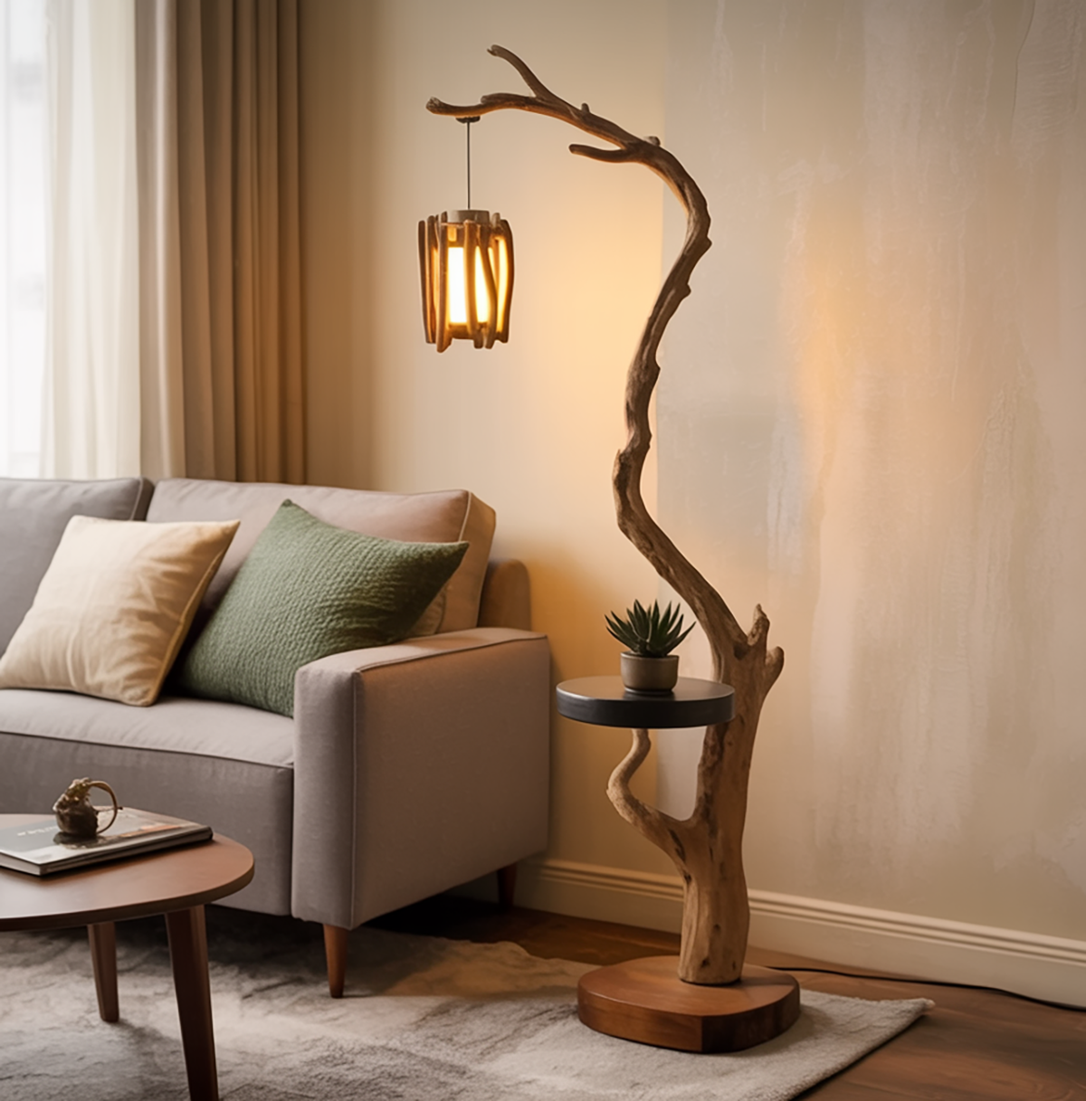 Sculpturale boomtak vloerlamp met bijzettafel