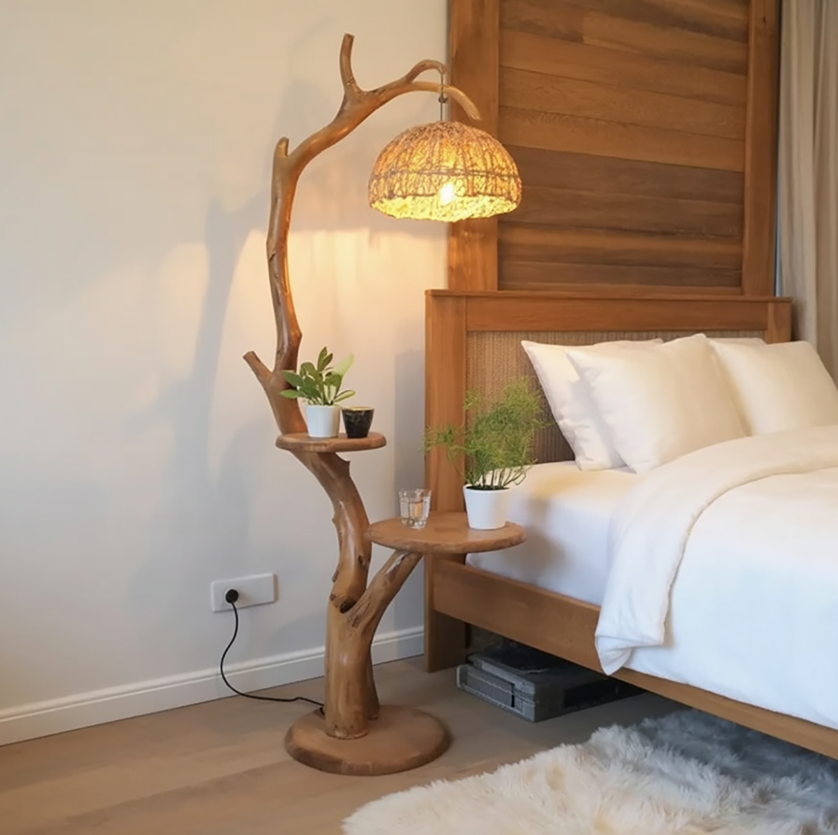 Sculpturale boomtak vloerlamp met geïntegreerde bijzettafeltjes