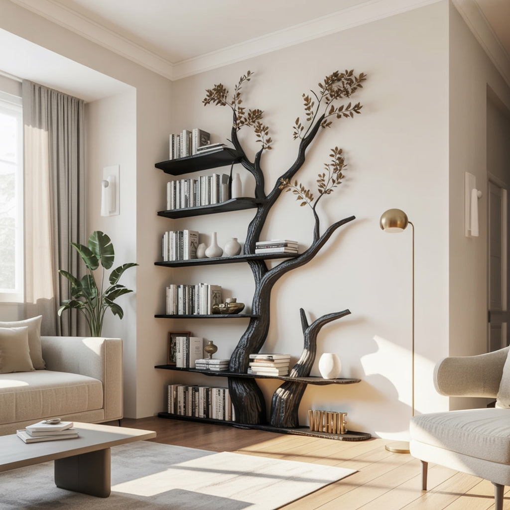 Massief houten boomboekenplank in donkere afwerking gevuld met boeken