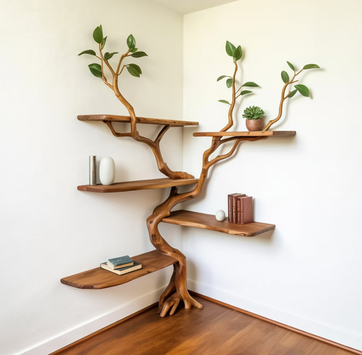Sculpturale boom wandboekenplank van massief hout voor de leeshoek