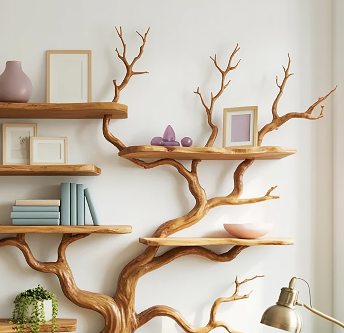Houten boomboekenplank omringd door groene planten in een knusse werkplek