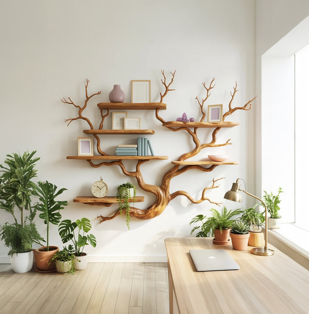 Massief houten boomboekenplank boven een bureau met bureaulamp