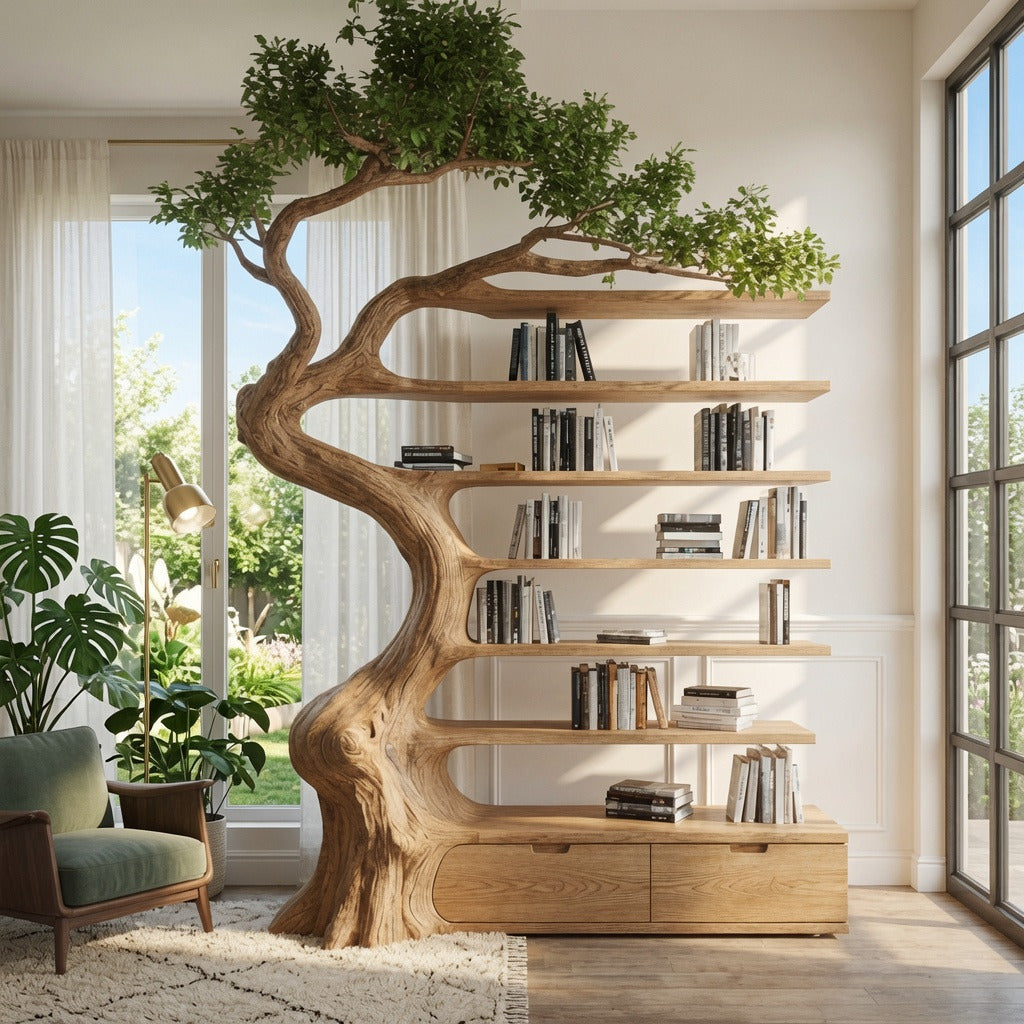 Sculpturale boomtak boekenkast van massief hout