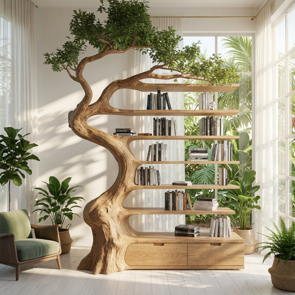 Moderne massief houten boekenkast met lades in een luxe leesruimte