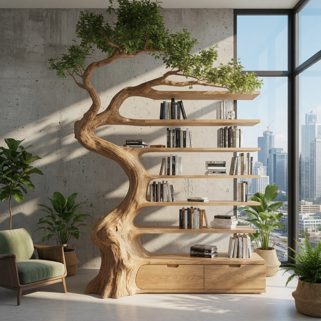 Ambachtelijke boomtak boekenkast met boeken en decoratie in een stijlvolle woonkamer