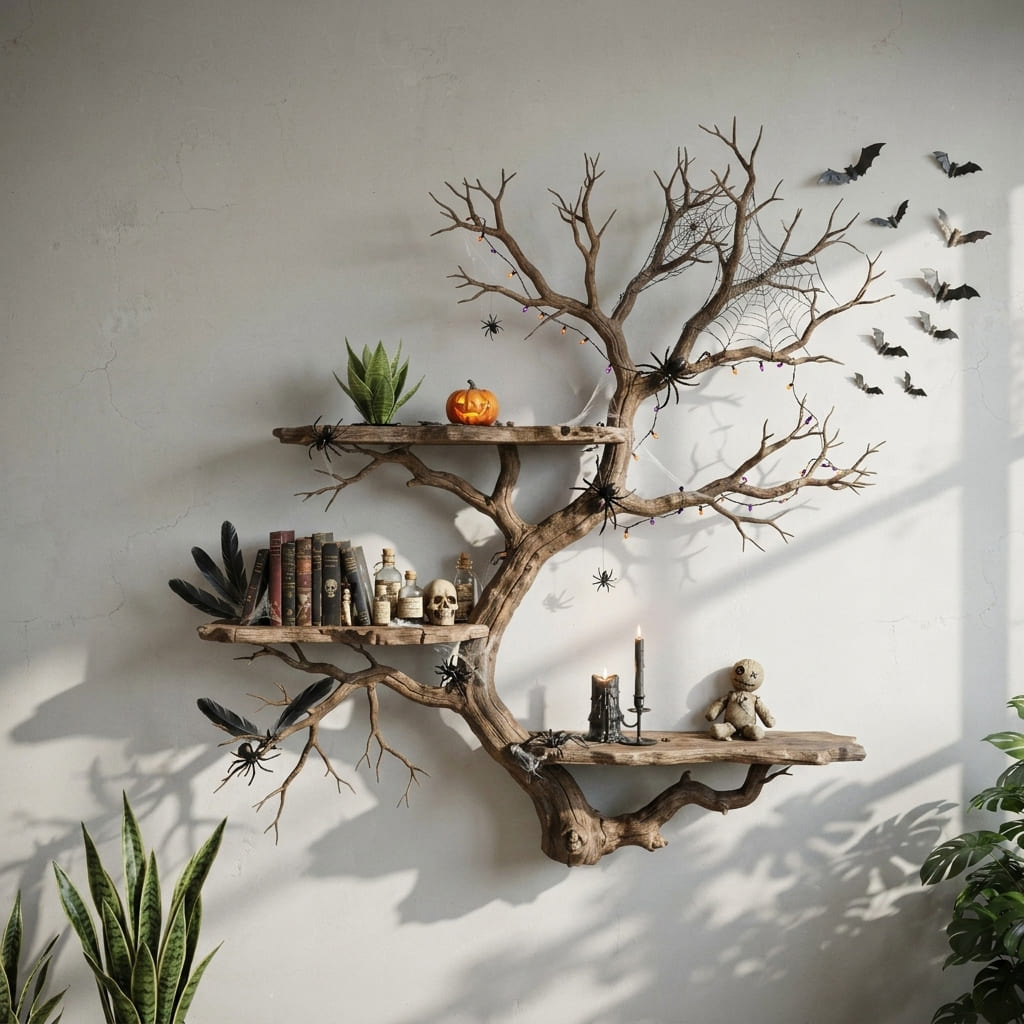 Sculpturale boomtak wandplank van massief hout