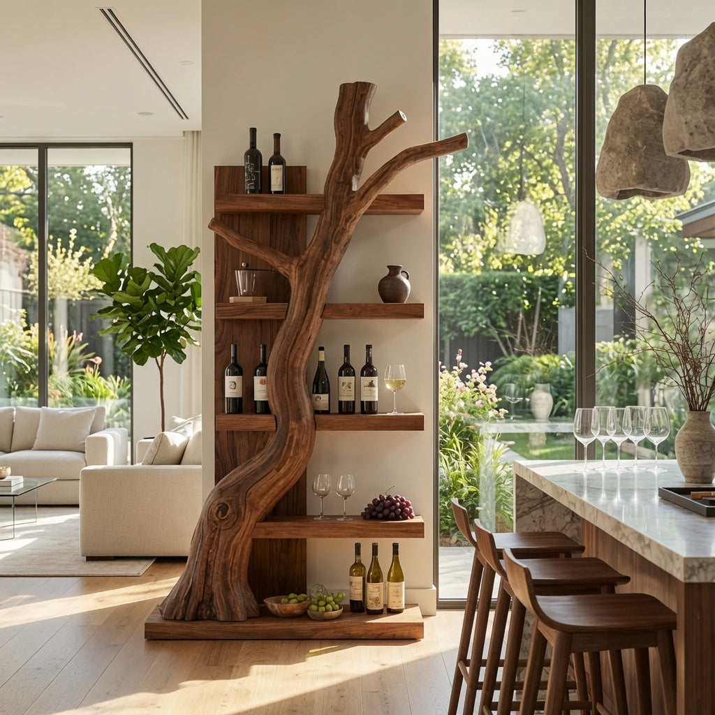 Sculpturaal boomtak massief houten wijnrek in een moderne thuisbar