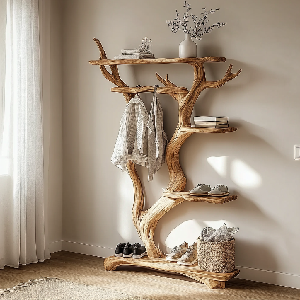 Sculpturale Boom Garderobestandaard - Massief Hout Kapstok Hal