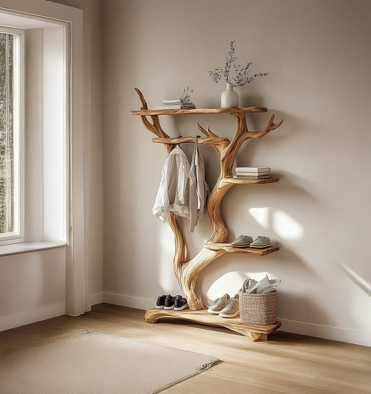 Sculpturale Boom Garderobestandaard - Massief Hout Kapstok Hal