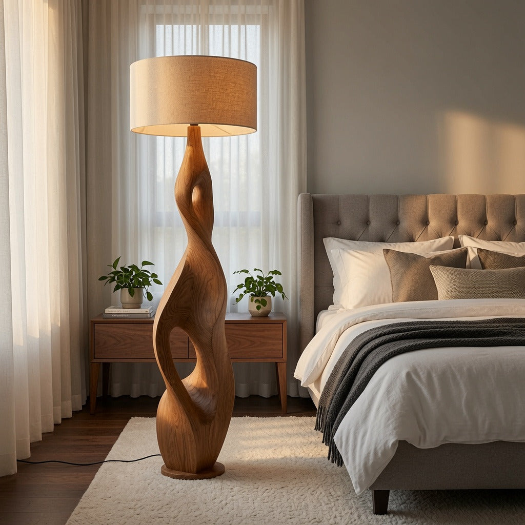 Getordeerde natuurhouten vloerlamp in een sfeervolle slaapkamer