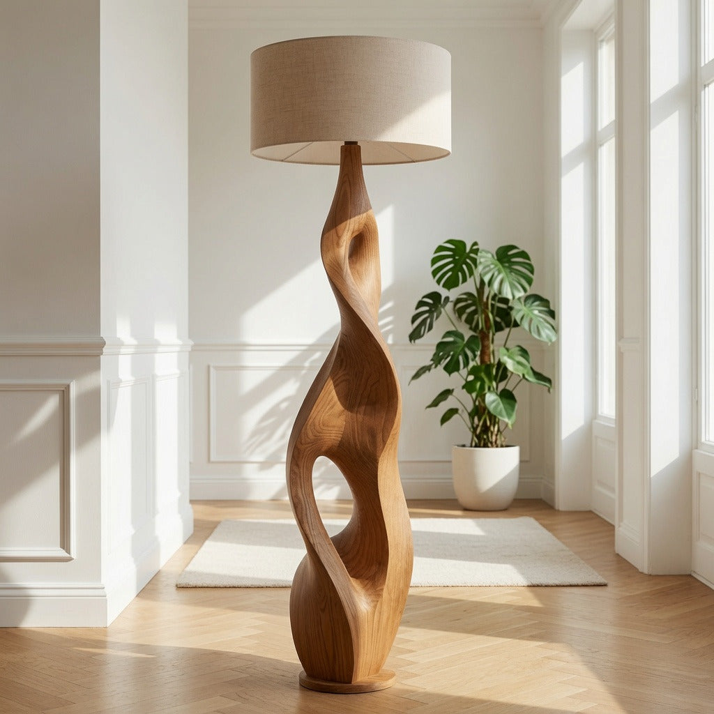 Handgemaakte houten vloerlamp in een modern minimalistisch interieur