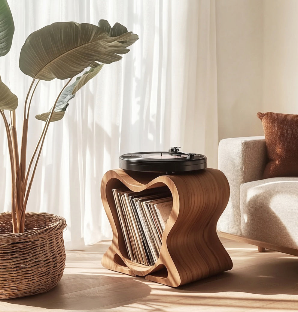 Japandi massief houten platenspeler meubel in een zonnige woonkamer