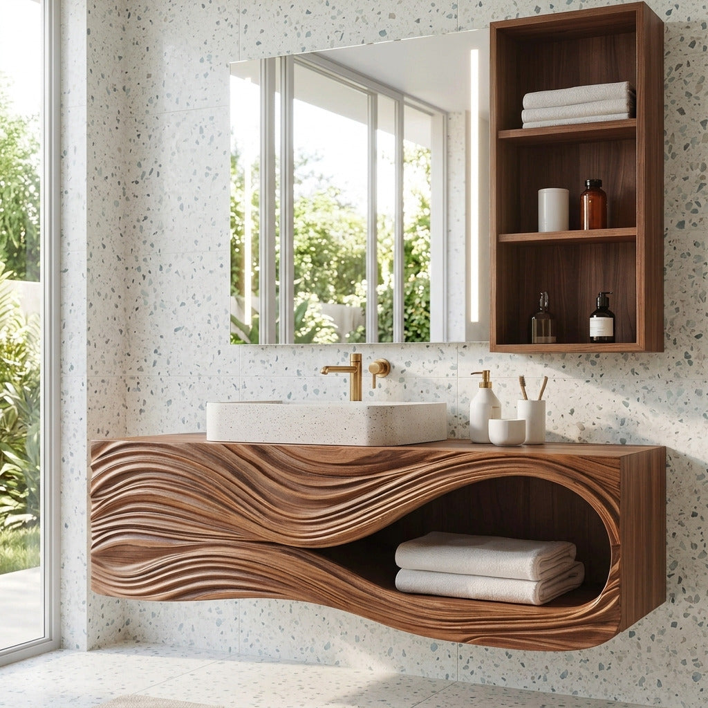 Sculpturaal golf-gesneden badkamermeubel van massief hout