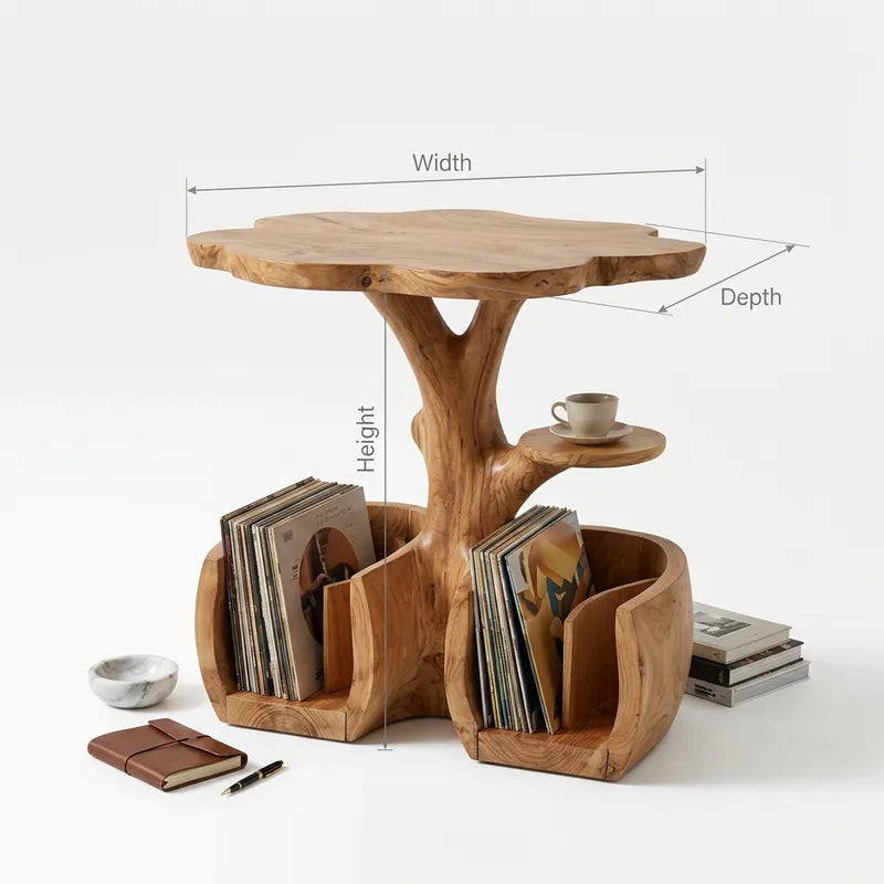 Boomstam Platenspeler Meubel - Vinyl Opslag Massief Hout