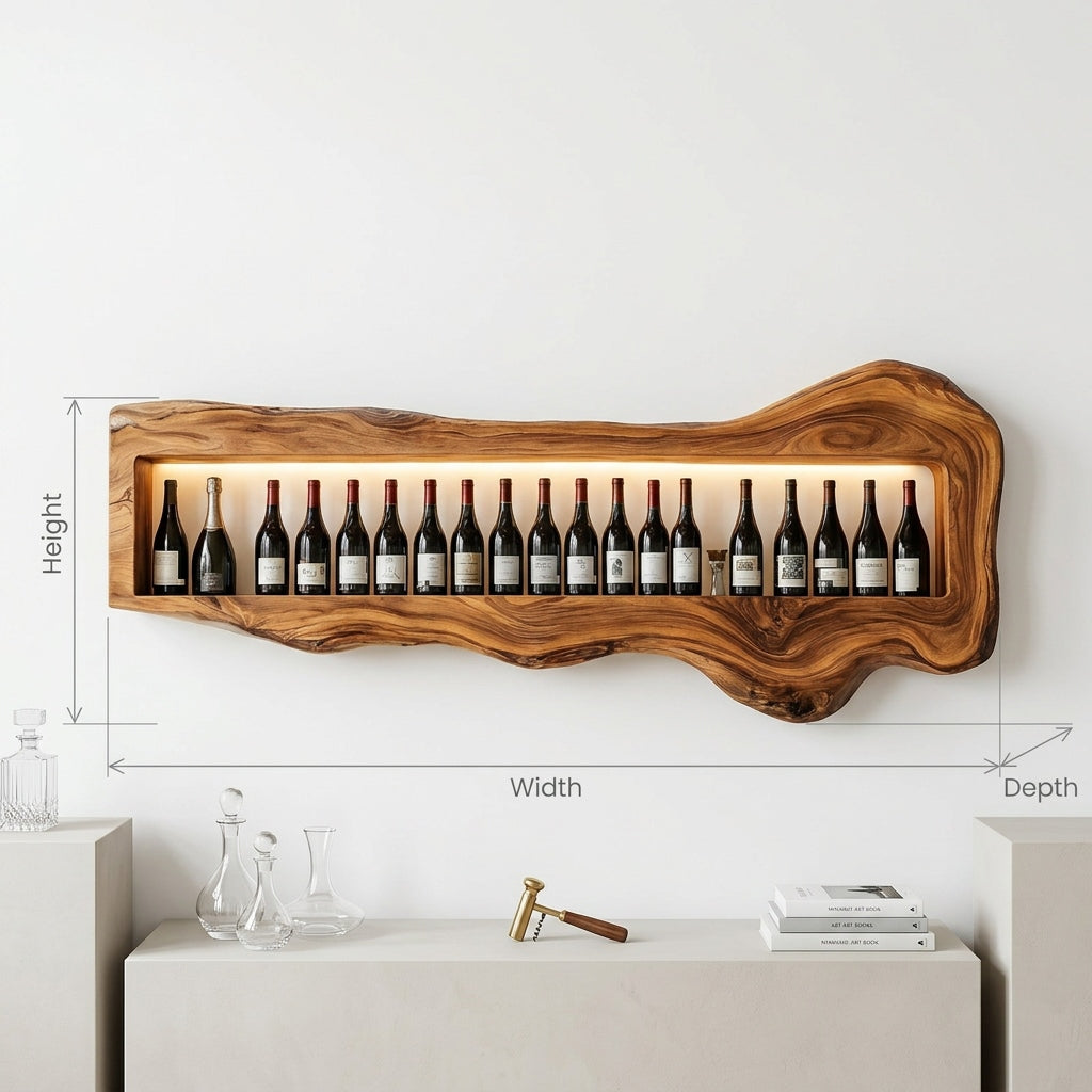 Sculpturaal Boomrand Wijnrek met LED - Massief Hout Wandbar