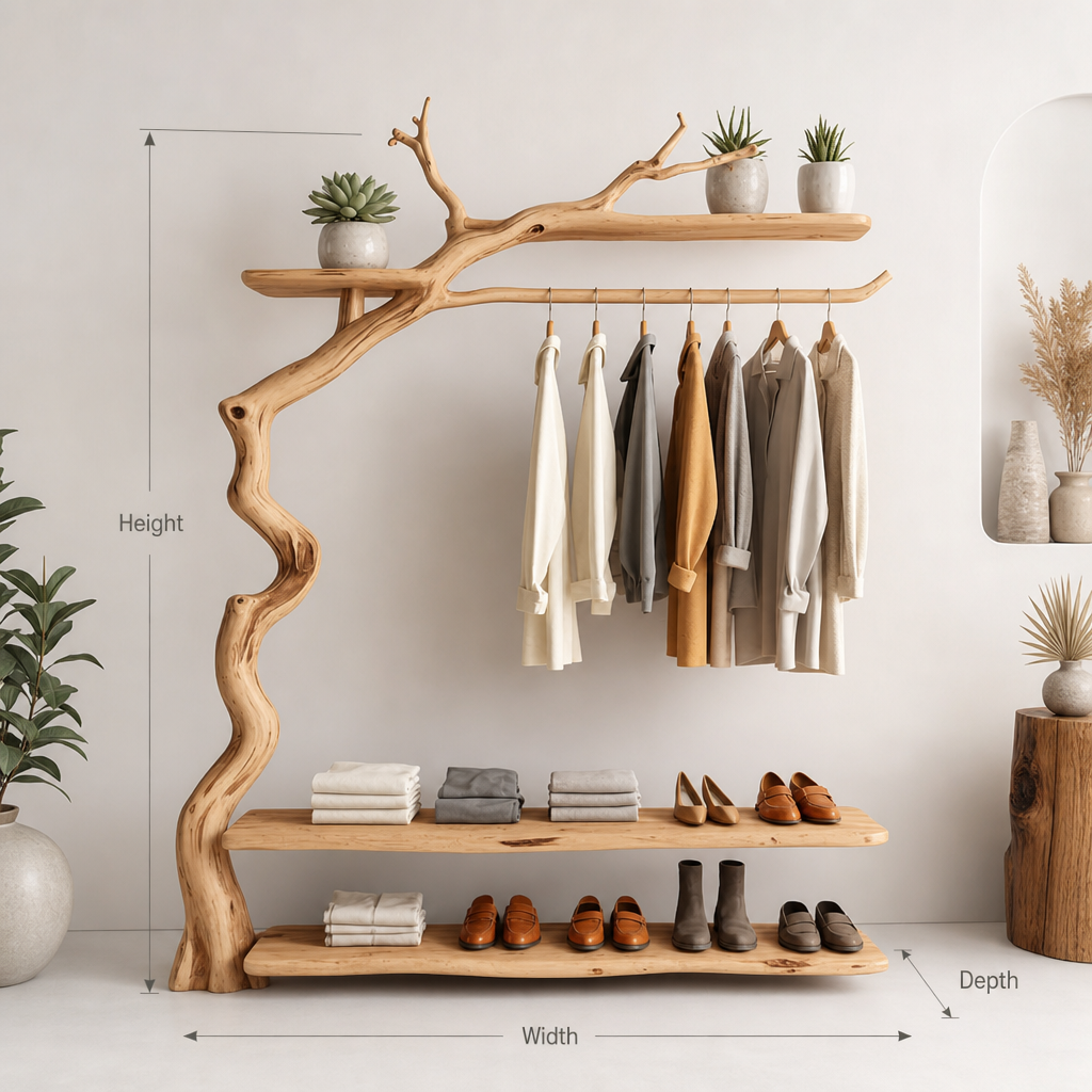 Sculpturale boomrand massief houten staande kapstok voor de entree