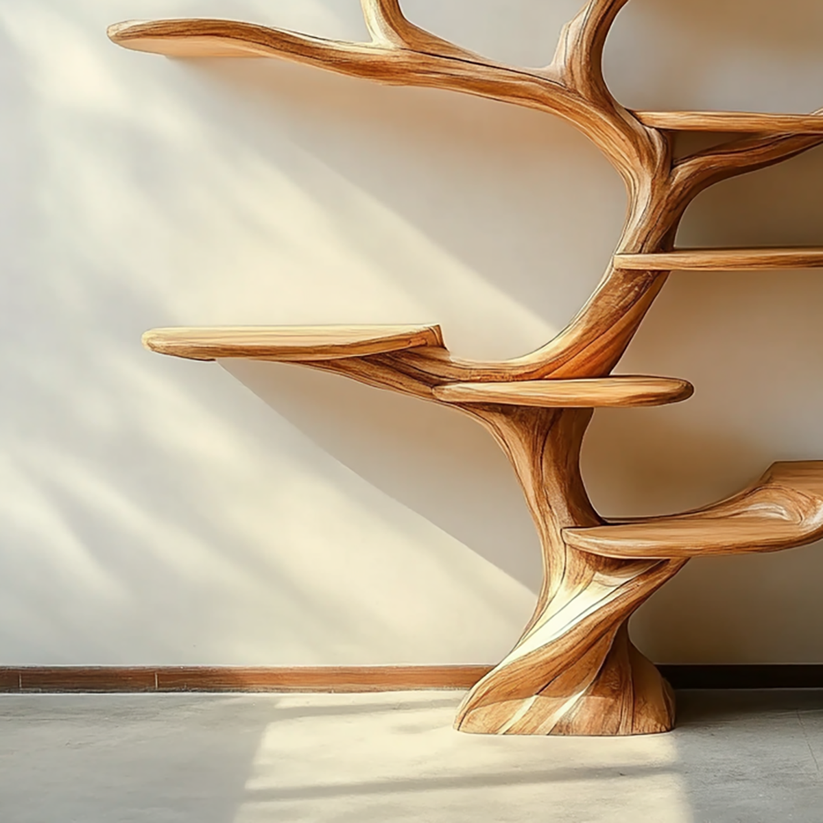 Artistieke boomboekenplank voor modern organische interieurs