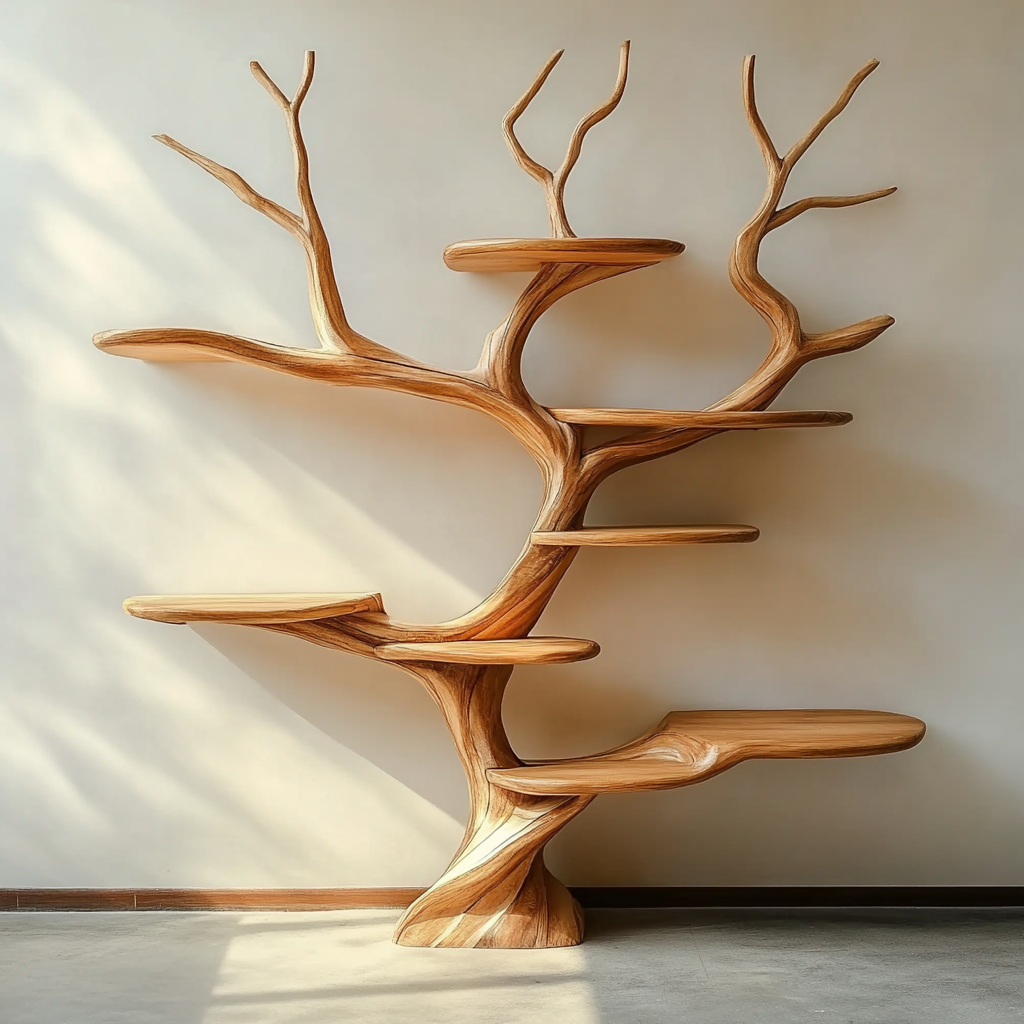 Handgemaakte houten wandplank met sculpturale boomvorm