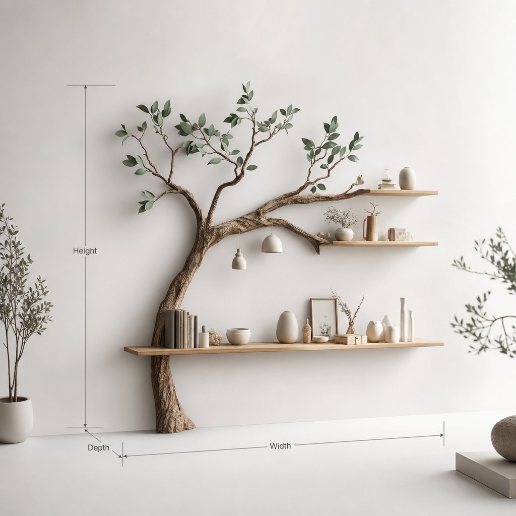 Massief houten boomboekenplank als uniek sculpturaal display aan de muur