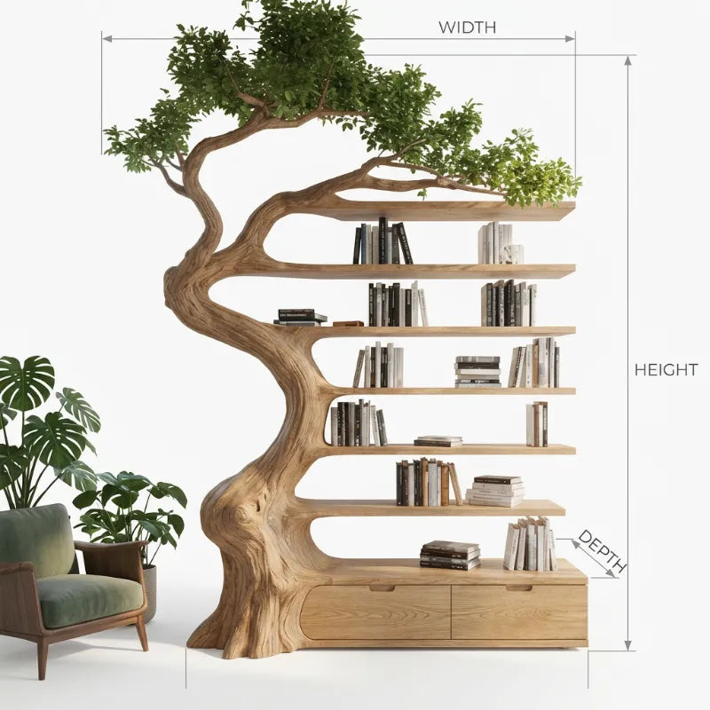 Sculpturale Boomtak Boekenkast met Lades - Massief Hout