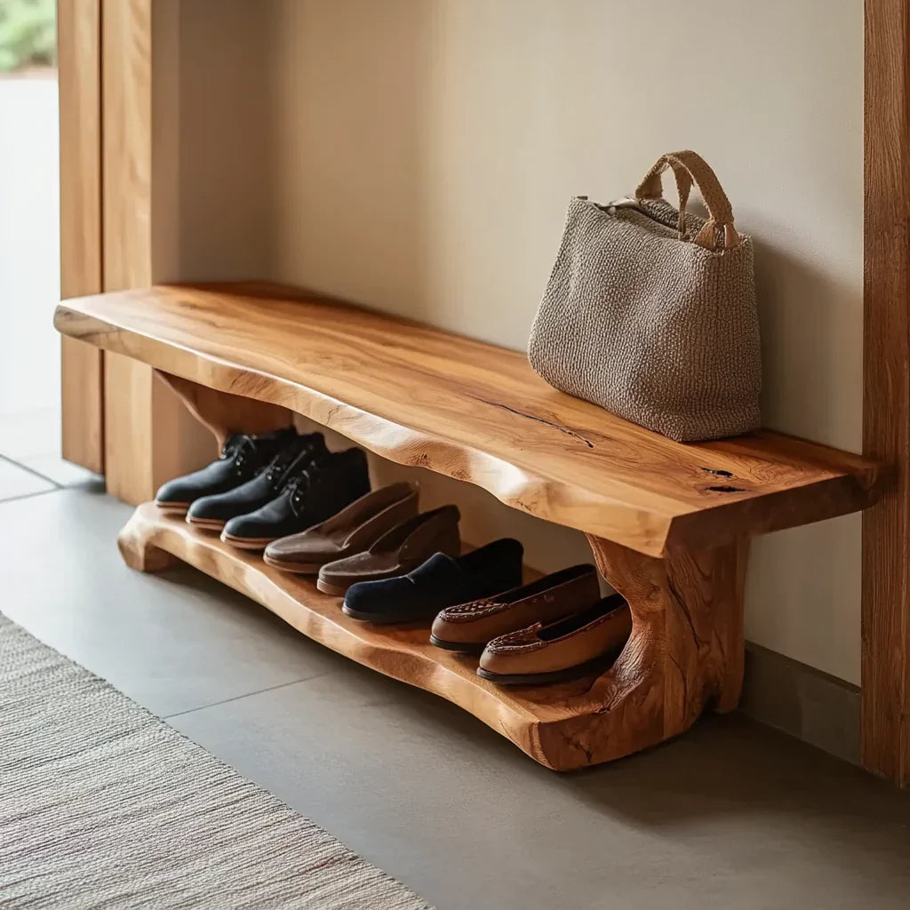 Mid-century handgemaakte houten schoenenbank voor de gang