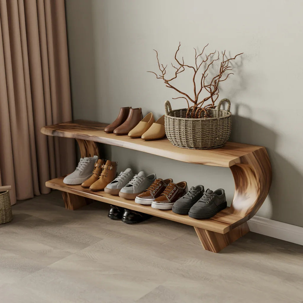 Handgemaakte mid-century houten schoenenbank voor de entree