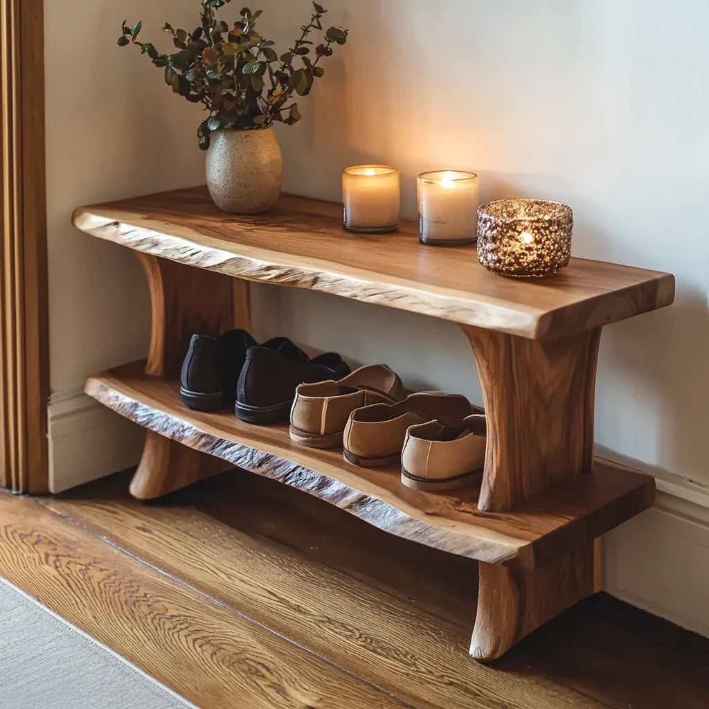 Handgemaakte houten schoenenbank met schoenenrek voor de entree