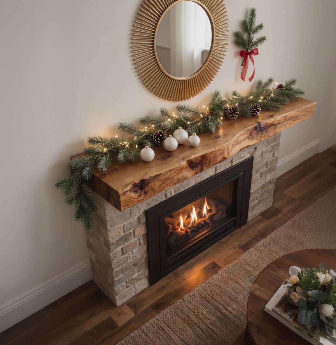 Christmas-inspired wooden mantel shelf above a contemporary fireplace