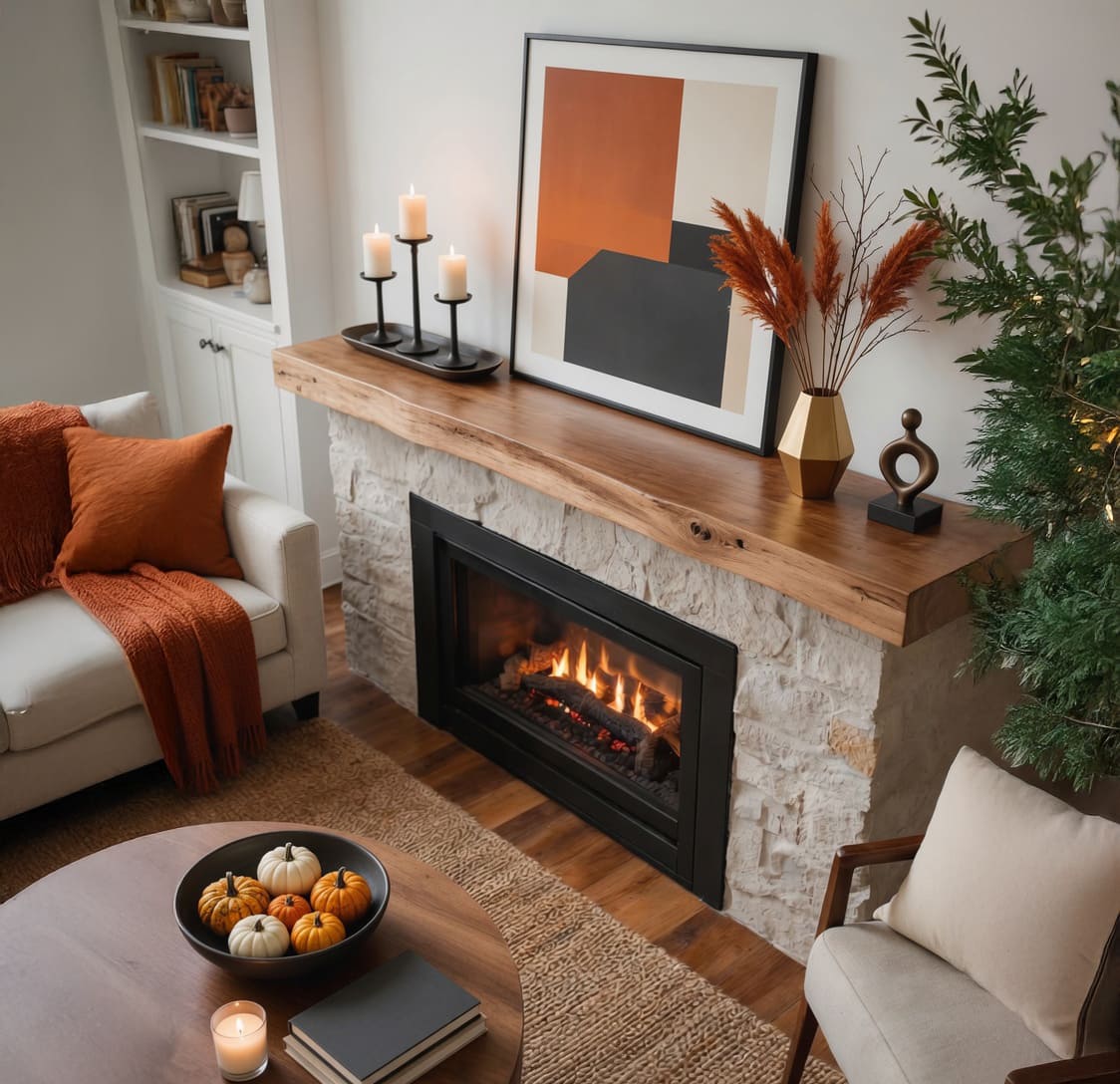 Massief houten boomrand schouwplank in een moderne woonkamer