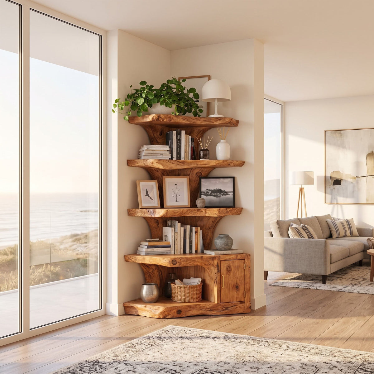 Massief houten hoekkast met decoratie in een compact appartement