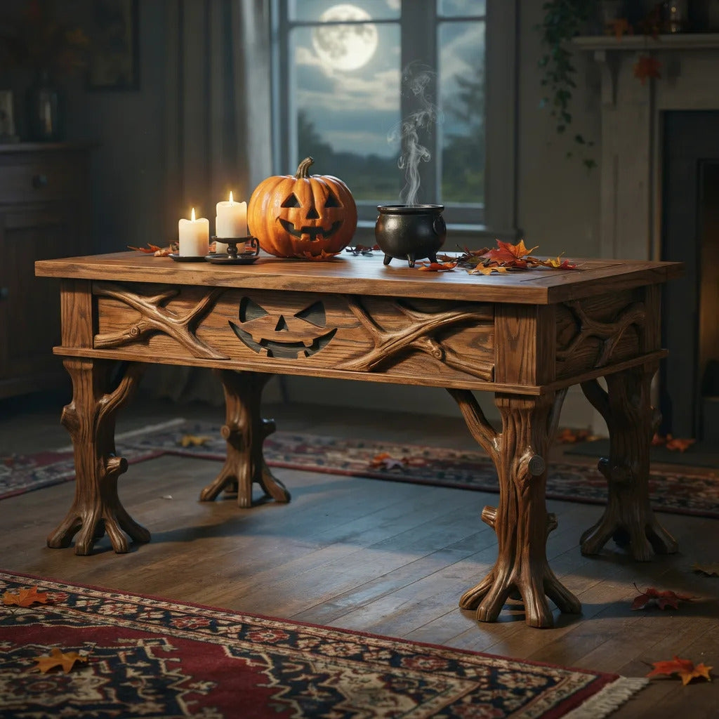 Handgesneden boomwortel salontafel met vleermuismotief van massief hout
