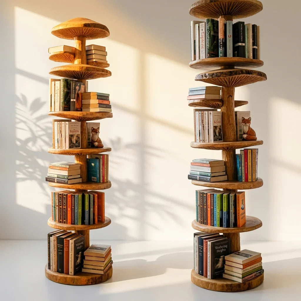 Staande massief notenhouten paddenstoel boekentoren met ronde schappen