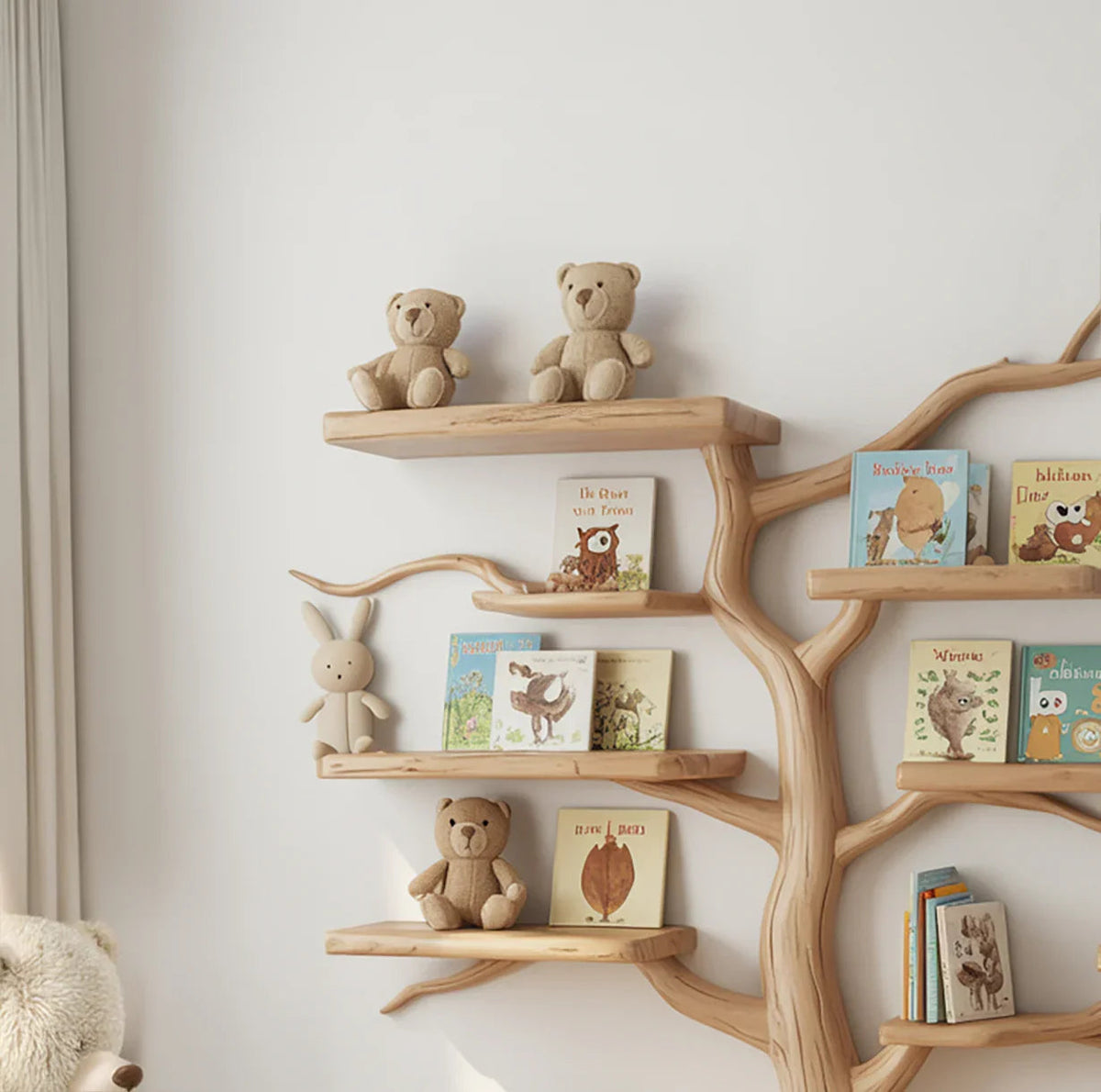 Massief houten kinderboekenplank in de babykamer met boeken en knuffels