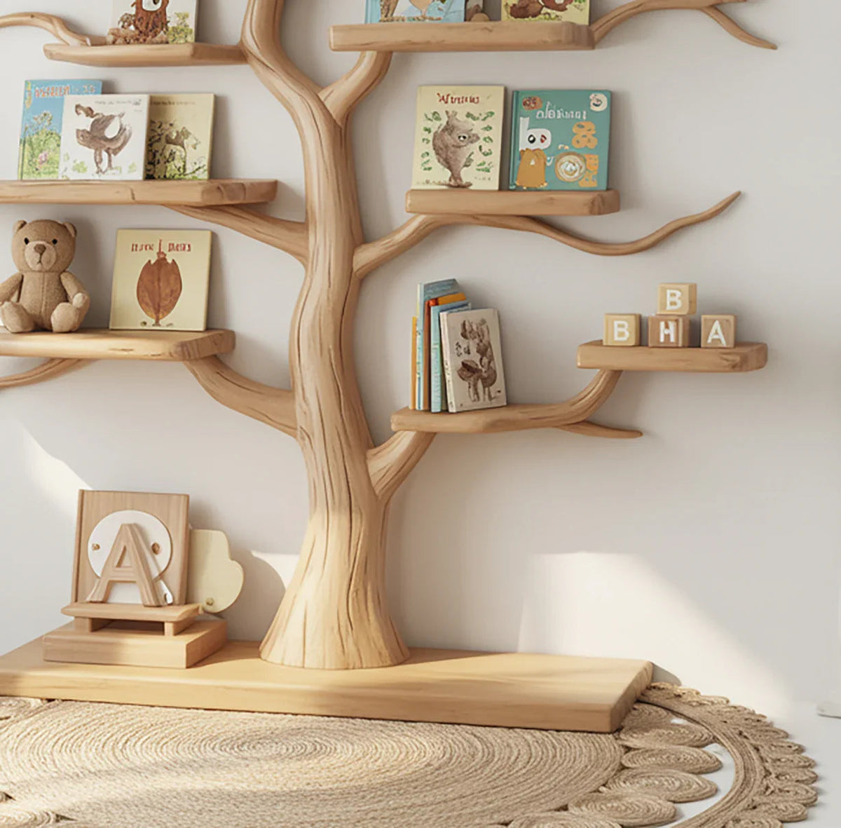 Massief houten kinderboekenplank in de babykamer met boeken en knuffels