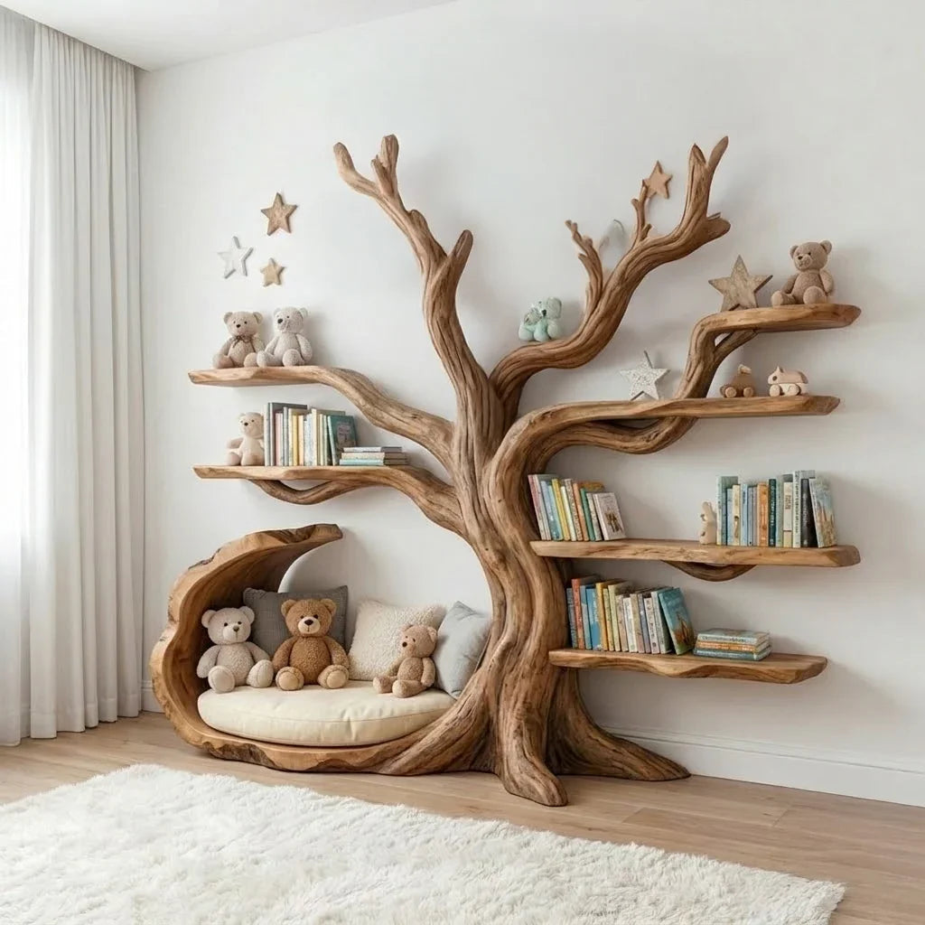 Handgemaakte massief houten kinderboekenplank in een sfeervolle babykamer
