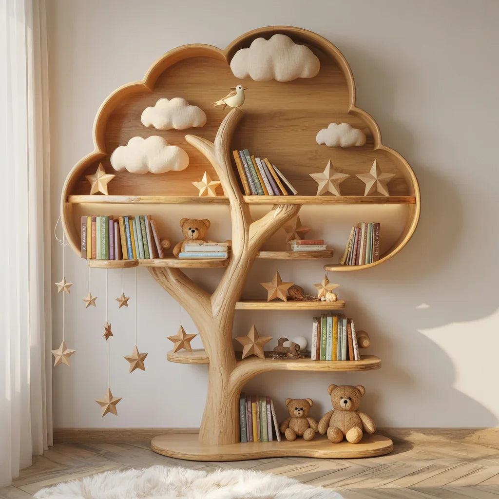 Massief houten kinder boom boekenrek in de babykamer met boeken op de takken