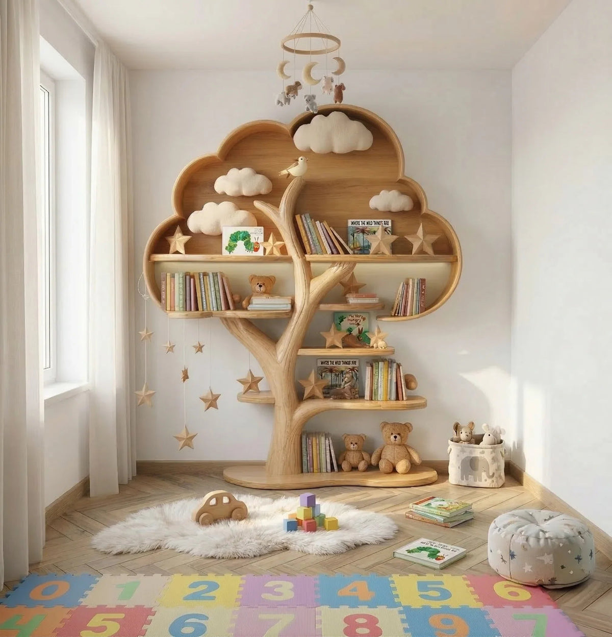 Massief houten kinder boom boekenrek in de babykamer met boeken op de takken